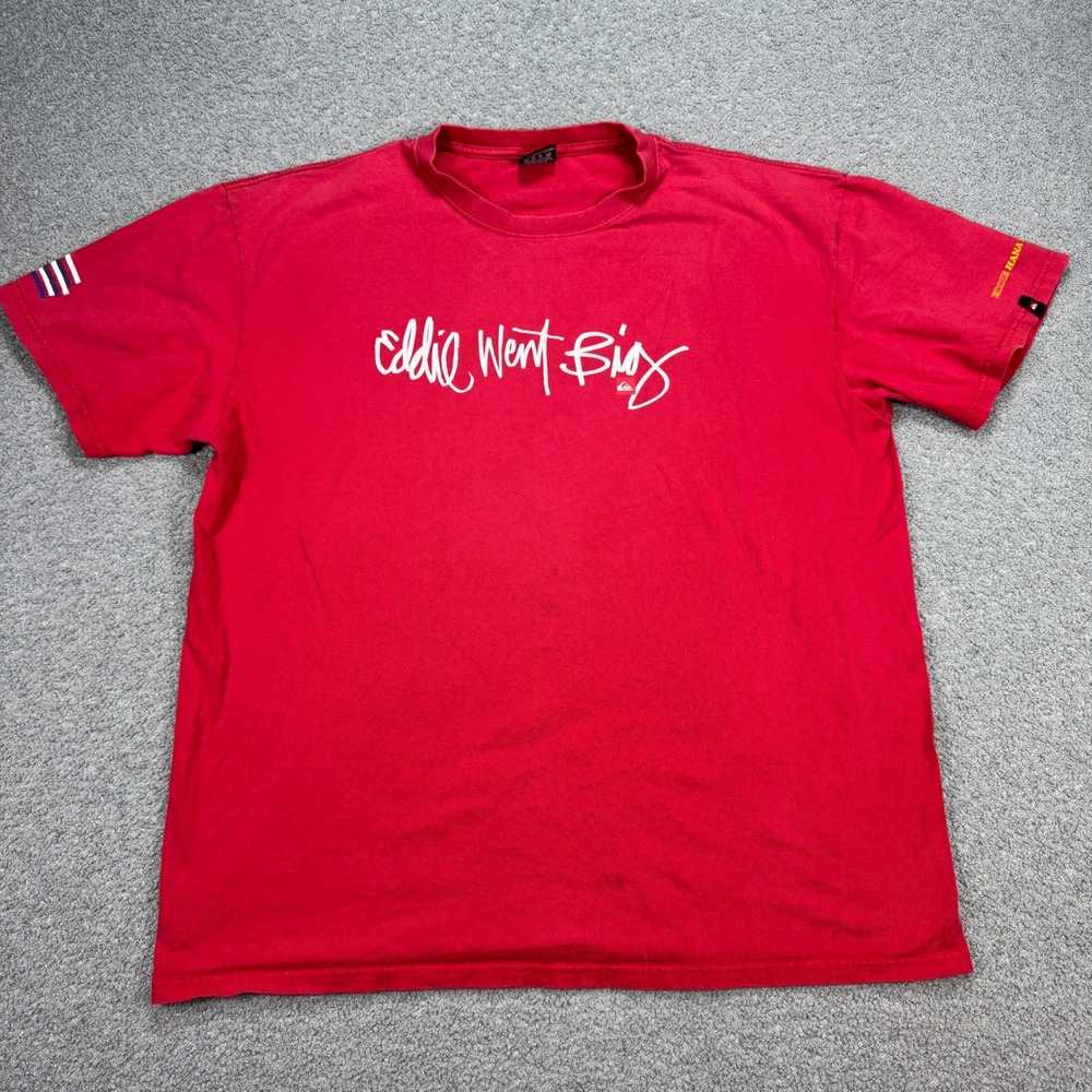 Y2K Quiksilver T-Shirt Mens XL Red Eddie Went Big Short Sleeve Cotton Surf 2004